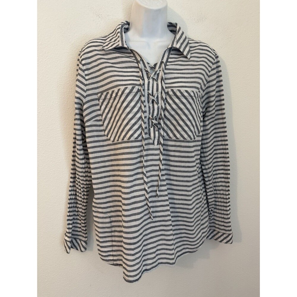 Mountain Hardwear Shirt Womens Large Blue White Striped Lace Up Collared Coastal